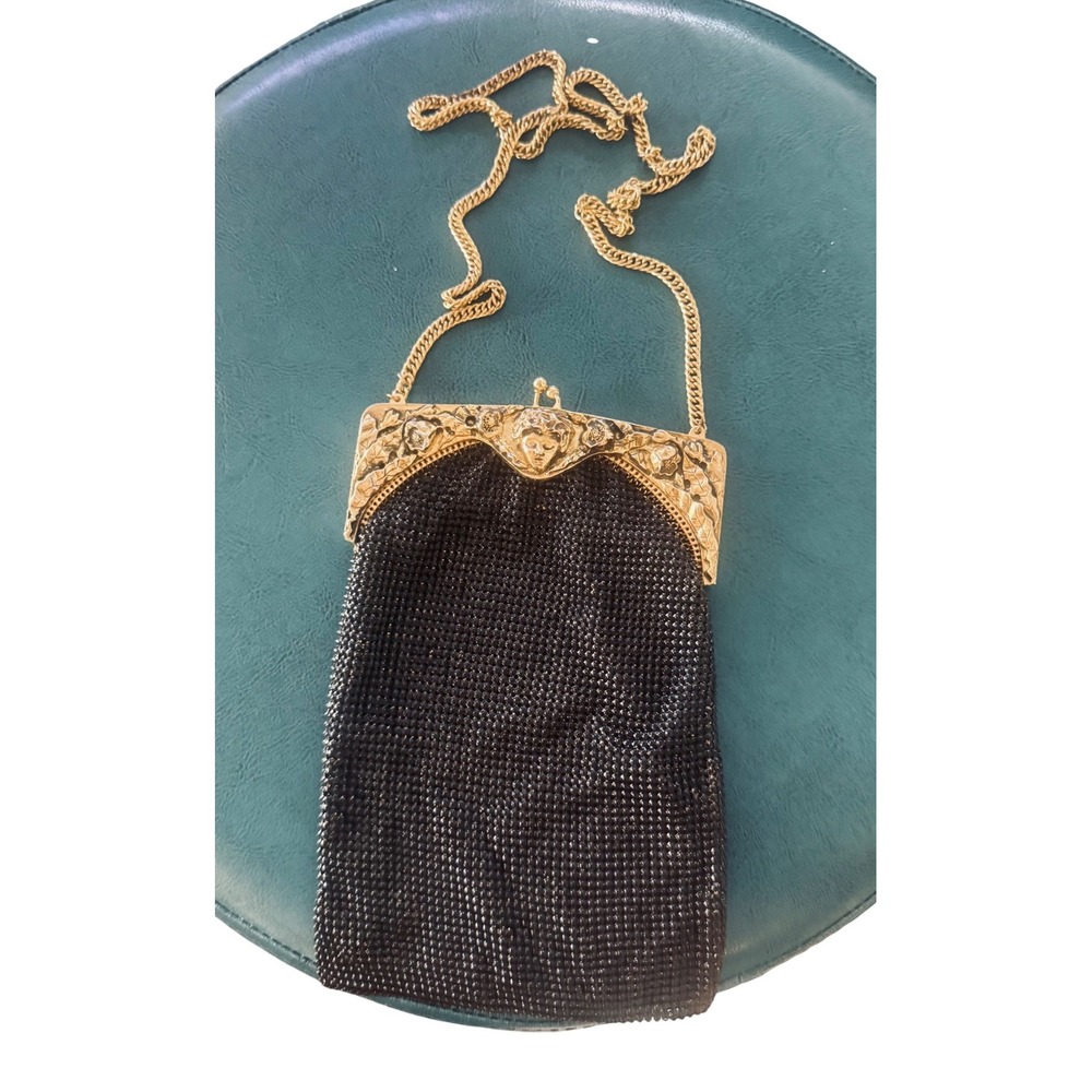 Whiting & Davis Black Mesh Evening Bag Gold Tone Goddess Frame Vintage USA 8x5"